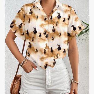 Cowboy Print Tan Button Down Shirt